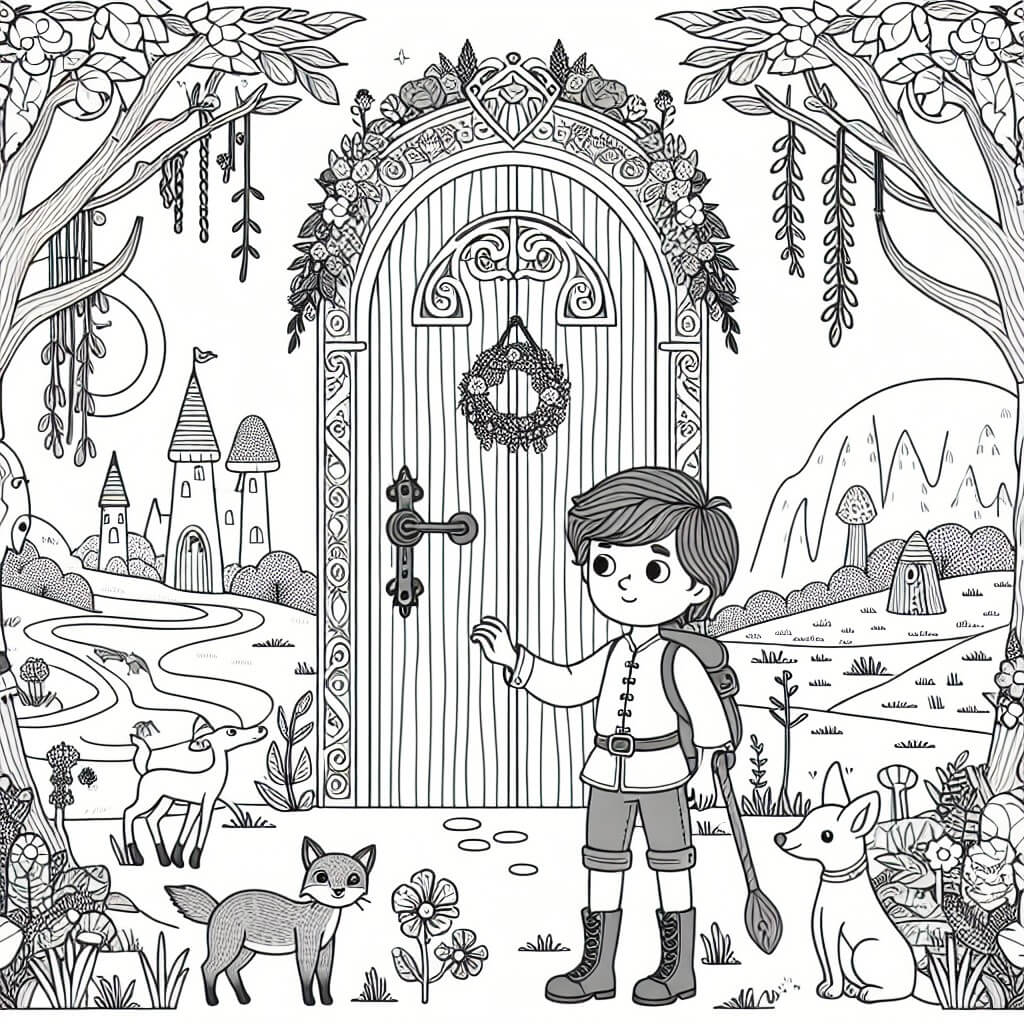 Une illustration destinée aux enfants représentant un jeune aventurier curieux, se tenant devant une porte enchantée ornée de fleurs et d'animaux, dans un paysage magique où les arbres parlent et les rivières chantent.