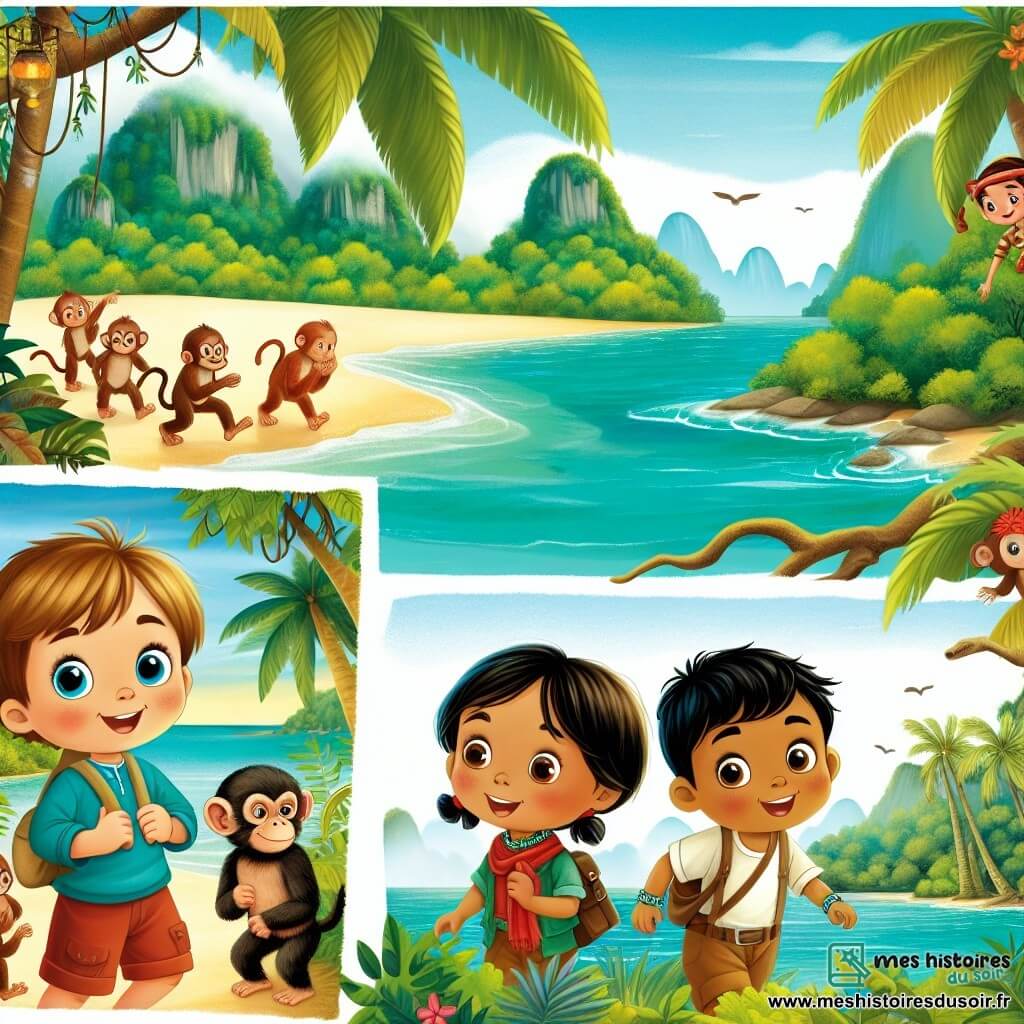 Une illustration destinée aux enfants représentant un petit garçon intrépide et curieux, accompagné de ses amis, une fille et un garçon, explorant une île tropicale luxuriante avec des palmiers, des singes espiègles et une mer turquoise scintillante.