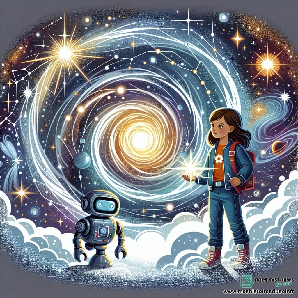 Une illustration destinée aux enfants représentant une jeune femme astrophysicienne courageuse, accompagnée de son fidèle robot assistant aux yeux brillants, explorant un vortex lumineux tourbillonnant au cœur de l'espace intersidéral, entre les constellations scintillantes et les nébuleuses chatoyantes.