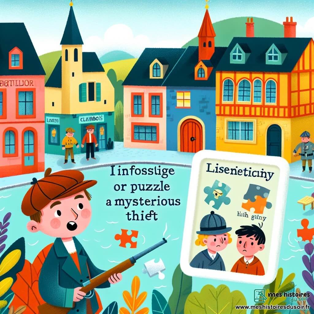 Une illustration destinée aux enfants représentant un jeune garçon passionné d'énigmes enquêtant avec ses amis sur un vol mystérieux dans la charmante ville de Clairbois, entourée de maisons colorées et d'un parc verdoyant.
