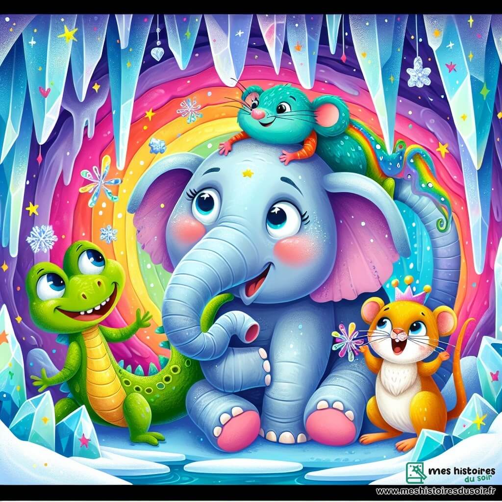 Une illustration destinée aux enfants représentant un éléphant espiègle, accompagné de ses amis, une souris malicieuse et un lézard paresseux, dans une grotte en glace colorée et scintillante.