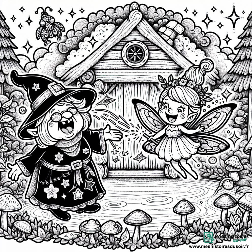 Une illustration destinée aux enfants représentant une sorcière rigolote lançant des étincelles de rire, accompagnée d'une fée farceuse, dans une cabane magique au cœur d'une forêt enchantée entourée de champignons dansants et d'animaux joyeux.