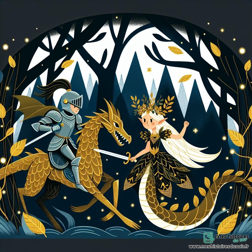 Une illustration destinée aux enfants représentant un jeune chevalier courageux affrontant un dragon redoutable, accompagné d'un elfe majestueux vêtu de feuilles d'or, dans une sombre forêt enchantée aux arbres murmurs et lumières mystérieuses dansantes.