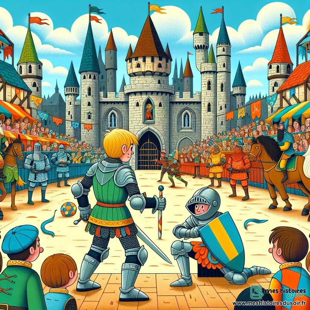 Une illustration destinée aux enfants représentant un jeune chevalier courageux se préparant pour un tournoi de chevalerie légendaire, accompagné d'un elfe blessé, dans une grande cité médiévale ornée de hautes tours, de bannières colorées et de spectateurs enthousiastes.