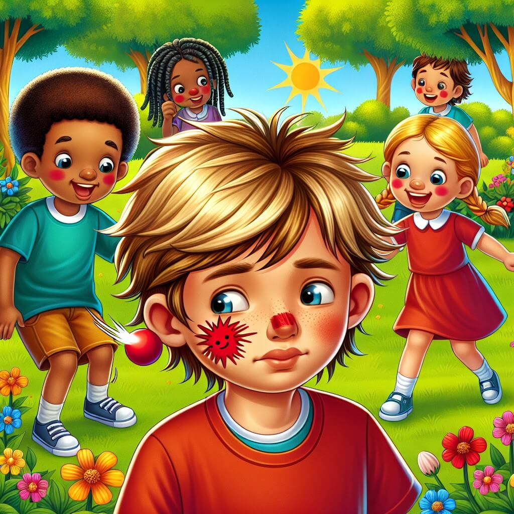 Une illustration destinée aux enfants représentant un petit garçon aux cheveux blonds ébouriffés, se retrouvant avec une marque rouge en forme de clown sur la joue après avoir reçu une balle en plein visage, accompagné de ses amis, dans un parc ensoleillé rempli d'arbres verdoyants et de fleurs colorées.