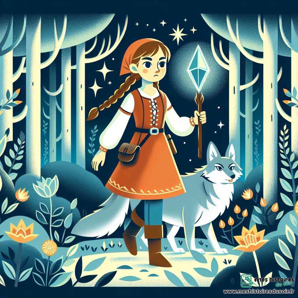 Une illustration destinée aux enfants représentant une fille courageuse explorant une forêt enchantée aux arbres gigantesques et aux fleurs lumineuses, accompagnée d'un loup loyal, dans une quête pour retrouver une Étoile de Cristal volée par un sorcier maléfique.