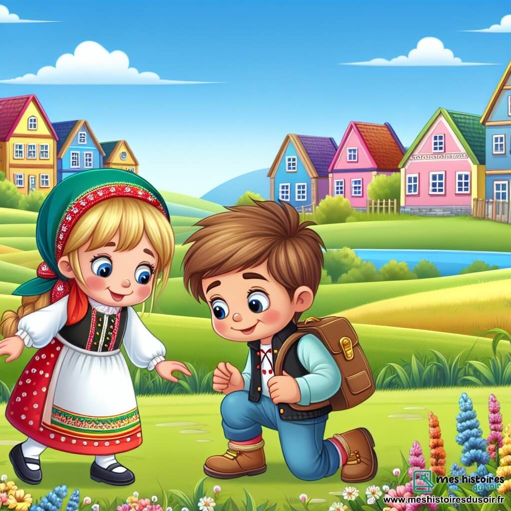 Une illustration destinée aux enfants représentant un garçon curieux découvrant une nouvelle amitié avec une fillette venant d'un pays lointain, dans un petit village paisible bordé de champs verdoyants et de jolies maisons colorées.