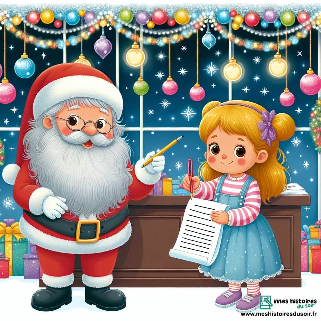 Une illustration destinée aux enfants représentant une petite fille excitée écrivant sa lettre au Père Noël, accompagnée d'une vendeuse bienveillante aux cheveux argentés, dans une boutique de jouets étincelante décorée de guirlandes scintillantes et de boules colorées.