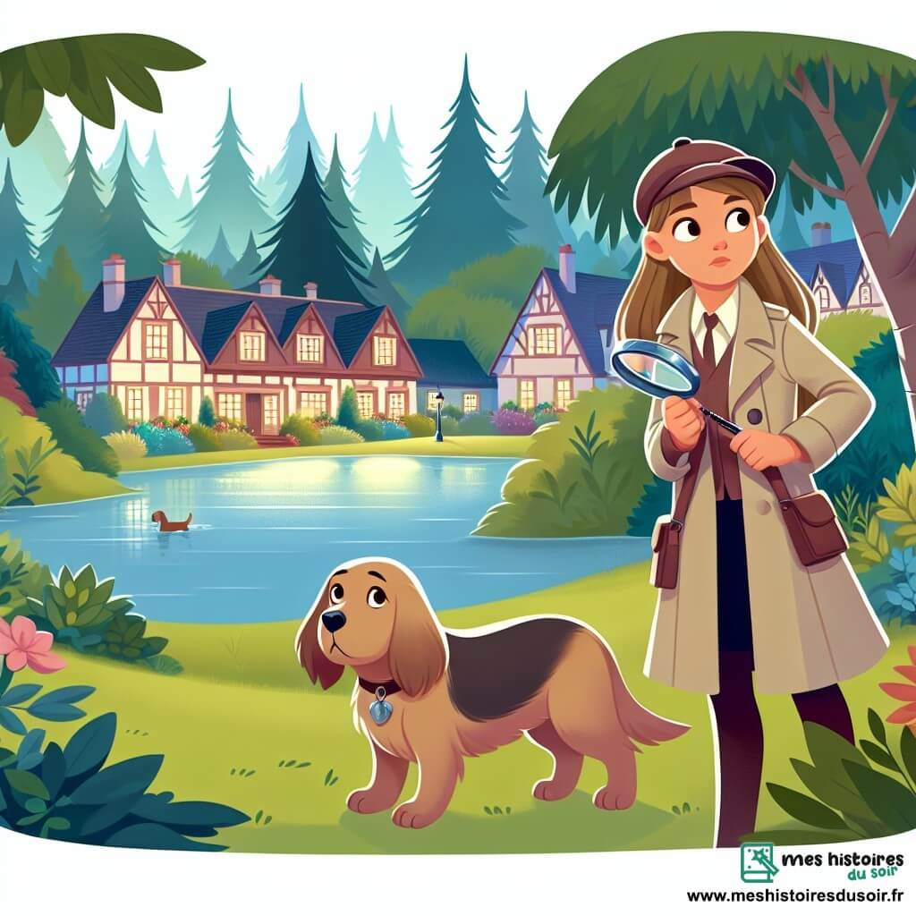 Une illustration destinée aux enfants représentant une jeune fille curieuse résolvant un mystère avec l'aide de son fidèle chien, dans le pittoresque village de Champvert, entre étang scintillant et forêt mystérieuse.