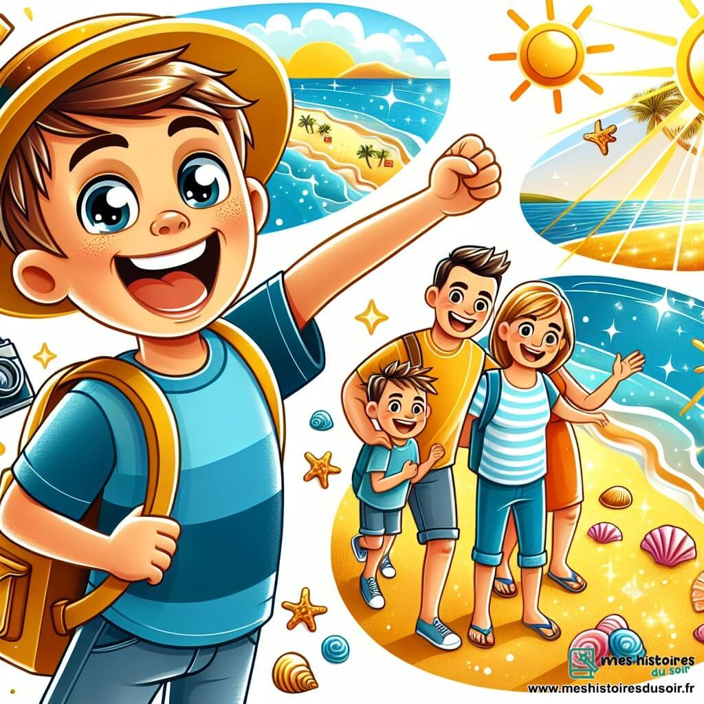 Une illustration destinée aux enfants représentant un garçon plein d'énergie et d'enthousiasme, qui explore de nouveaux endroits et passe du temps en famille pendant les vacances d'été, accompagné de ses parents, sur une plage ensoleillée avec du sable doré, une mer scintillante et des coquillages éparpillés.
