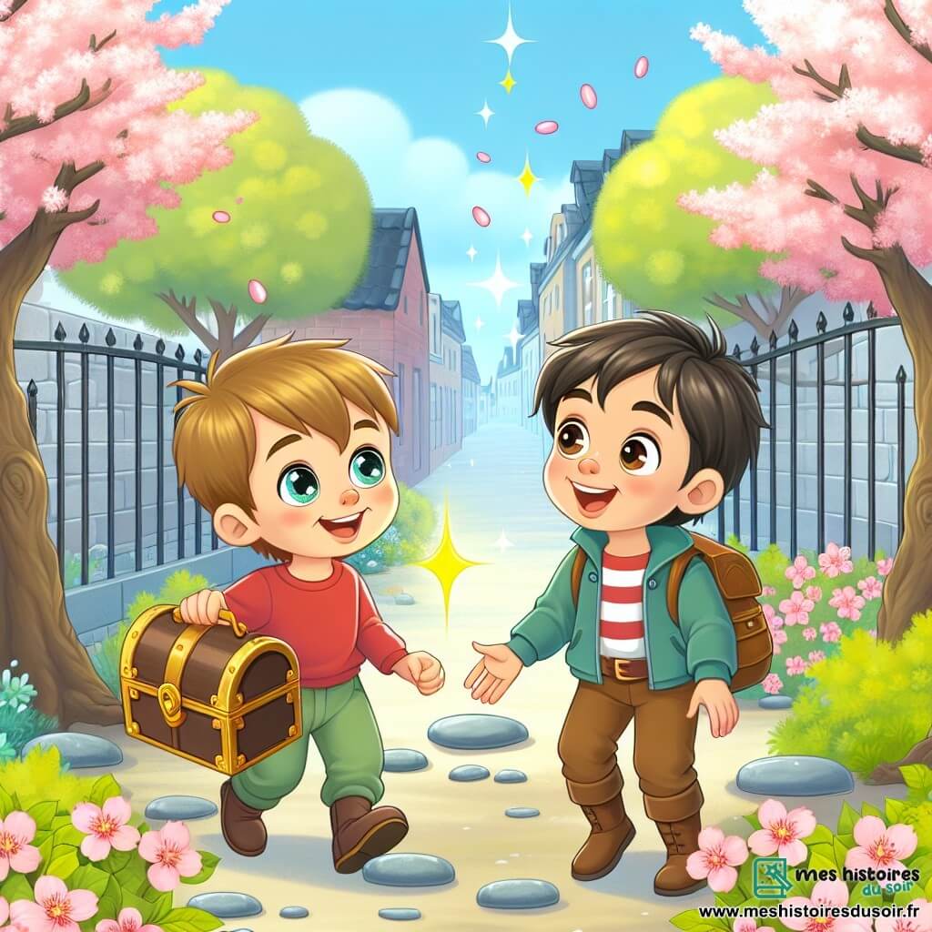 Une illustration destinée aux enfants représentant un garçon plein d'énergie découvrant un trésor avec son nouvel ami, un autre garçon aux yeux pétillants, dans une rue bordée de cerisiers en fleurs.