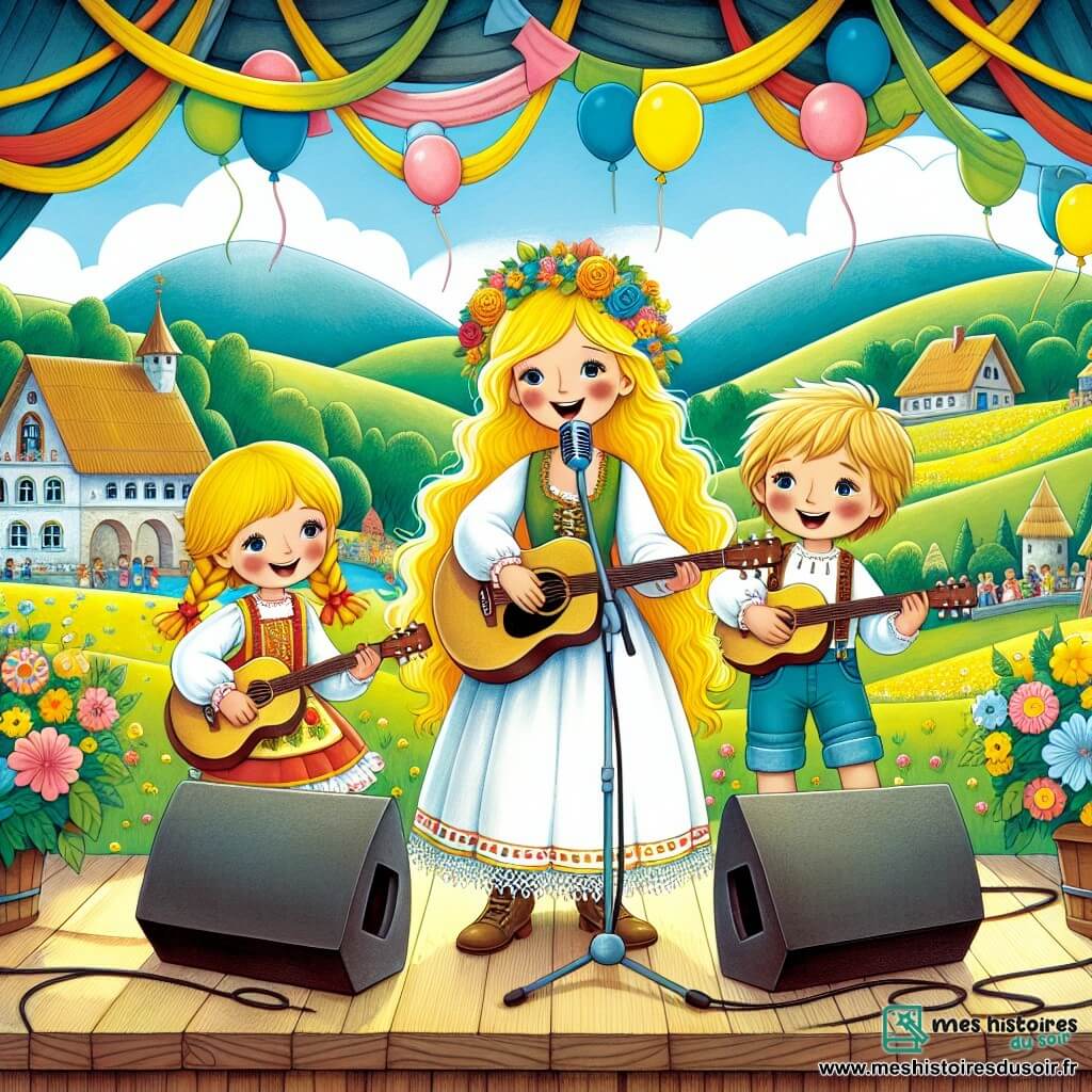 Une illustration destinée aux enfants représentant une chanteuse aux cheveux dorés, accompagnée d'un garçon et d'une fille, se produisant sur une scène décorée de guirlandes colorées et de ballons dans un village entouré de collines verdoyantes.