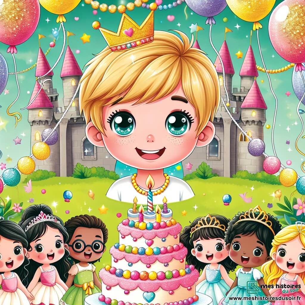Une illustration destinée aux enfants représentant un petit garçon aux yeux pétillants, entouré de ses amis, célébrant son anniversaire dans un jardin enchanté rempli de ballons colorés, de guirlandes scintillantes et d'un gâteau en forme de château de princesse.