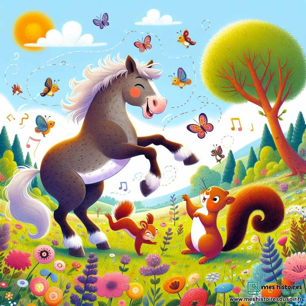 Une illustration destinée aux enfants représentant un cheval malicieux faisant des farces à un écureuil joyeux dans une prairie enchantée aux couleurs vives et aux fleurs dansantes.