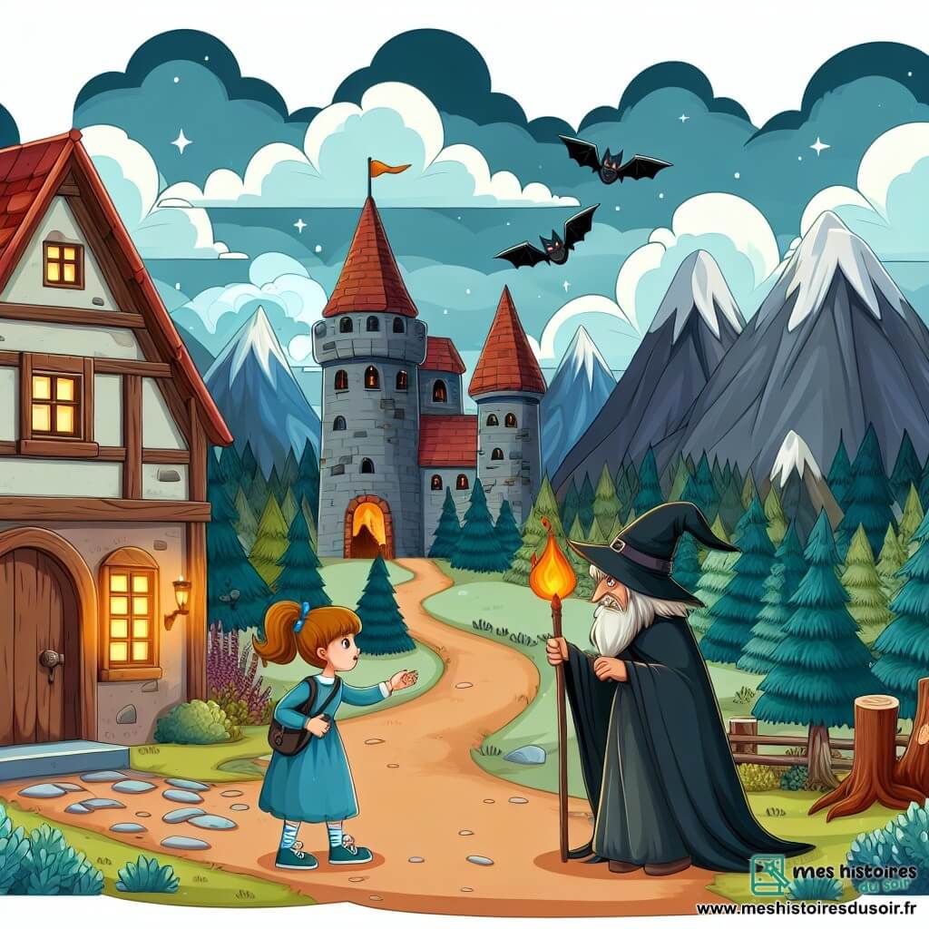 Une illustration destinée aux enfants représentant une jeune femme courageuse affrontant une sorcière maléfique dans une tour sombre, accompagnée d'un vieux mage sage, dans un village pittoresque entouré de montagnes majestueuses et de forêts enchantées.