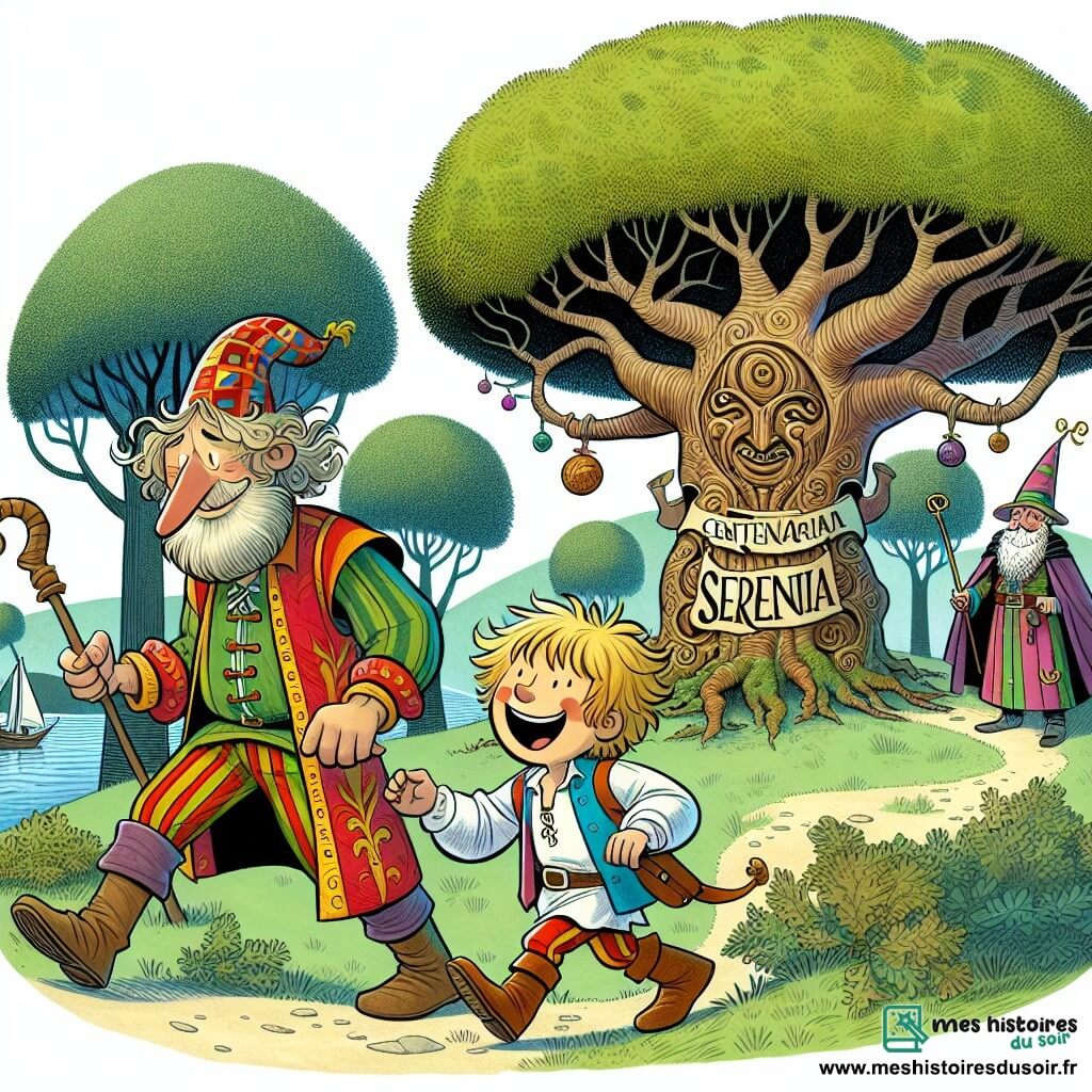 Une illustration destinée aux enfants représentant un petit garçon aux cheveux blonds en bataille, accompagné d'un magicien farceur vêtu de guenilles colorées, évoluant dans la forêt enchantée de Sérénia où se trouve un ancien chêne centenaire.