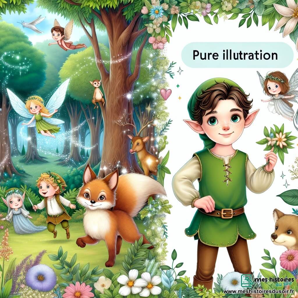 Une illustration destinée aux enfants représentant une jeune elfe des bois, un garçon curieux et une forêt enchantée remplie d'arbres majestueux, de fleurs chatoyantes et d'animaux malicieux.