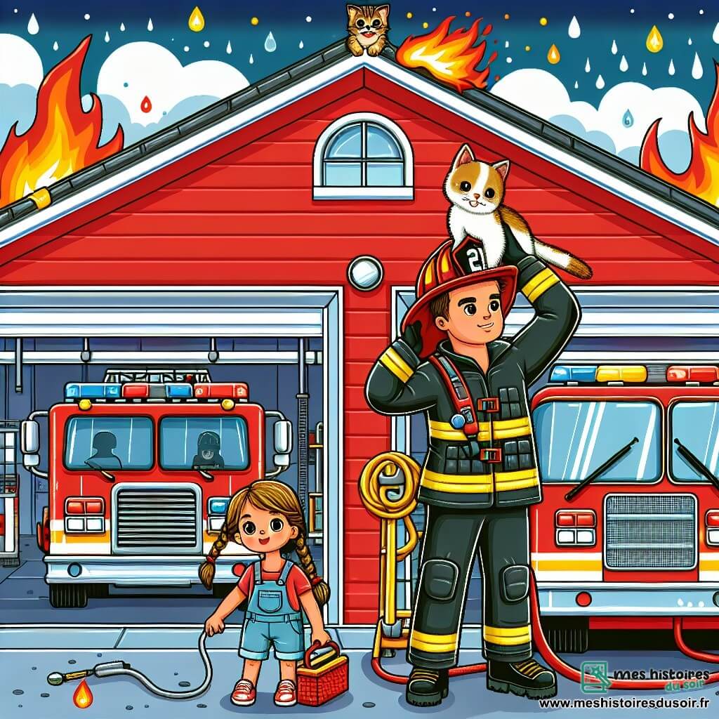 Une illustration destinée aux enfants représentant un homme pompier courageux en train de sauver un chaton sur le toit d'une maison en feu, accompagné d'une petite fille aux tresses, dans une caserne de pompiers rouge vif avec des camions brillants et une grande échelle.