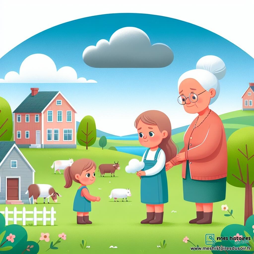 Une illustration destinée aux enfants représentant une petite fille confrontée à la séparation de ses parents, accompagnée par sa grand-mère bienveillante, dans un petit village bordé de champs verdoyants et de douces collines, où le ciel bleu est assombri par un nuage gris.