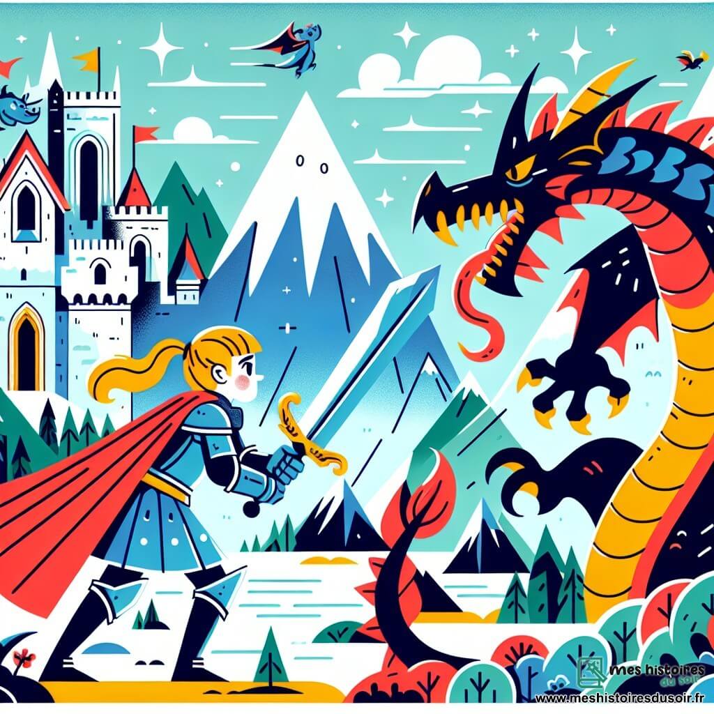 Une illustration destinée aux enfants représentant une jeune chevalière courageuse affrontant un dragon terrifiant dans une montagne aux sommets enneigés, avec en soutien un roi bienveillant observant la scène depuis son château majestueux.