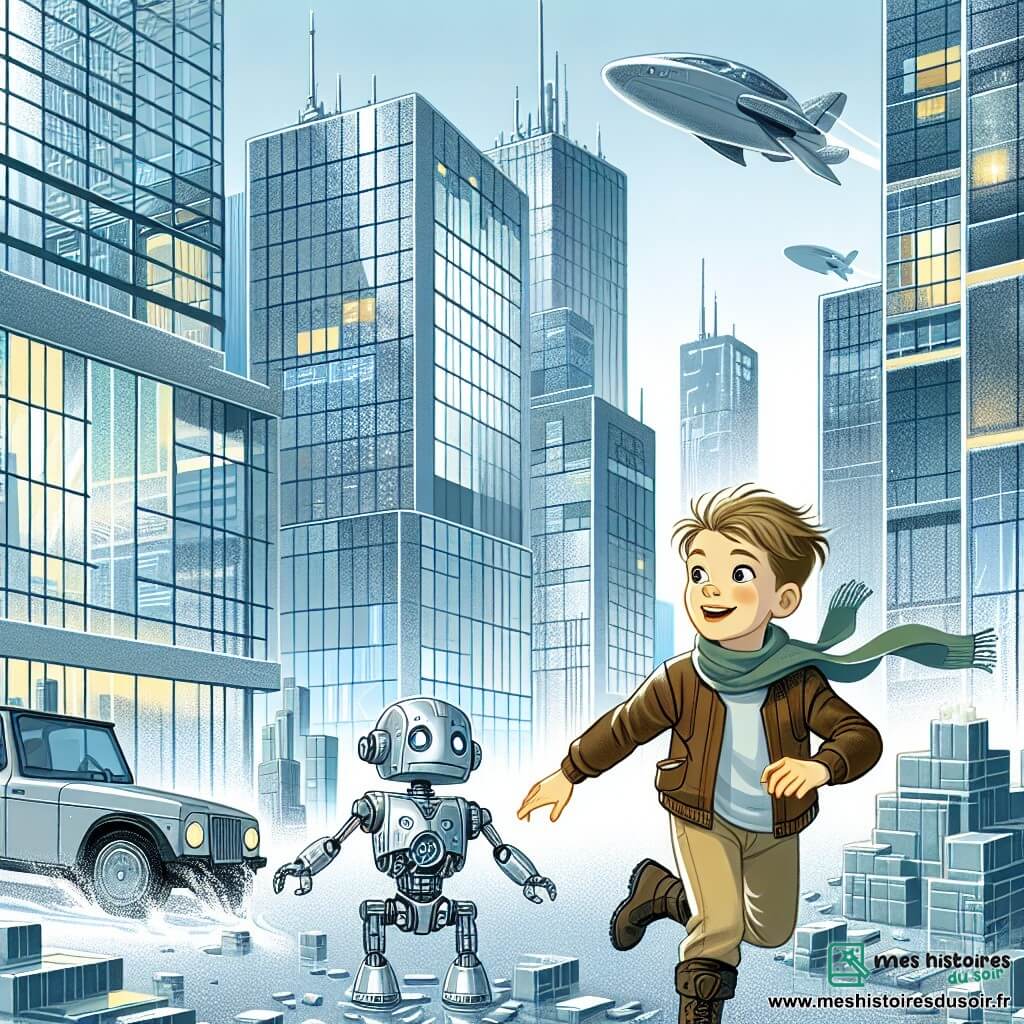 Une illustration destinée aux enfants représentant un jeune garçon intrépide vivant dans une Cité d'Argentium futuriste, accompagné d'un androïde abandonné, évoluant au milieu de gratte-ciels scintillants aux parois translucides et de voitures volantes.