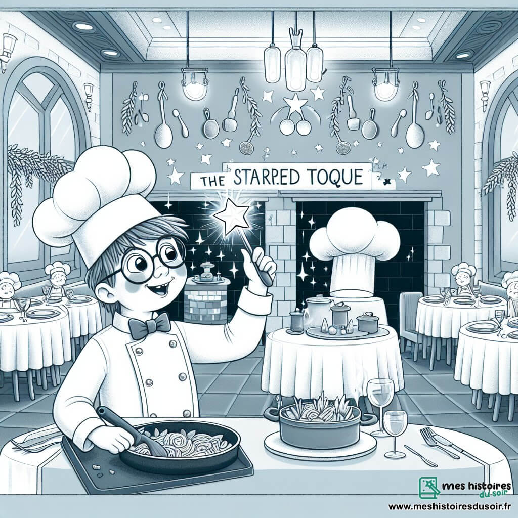 Une illustration destinée aux enfants représentant un jeune chef cuisinier en herbe, remportant un concours de cuisine et vivant une journée magique à 