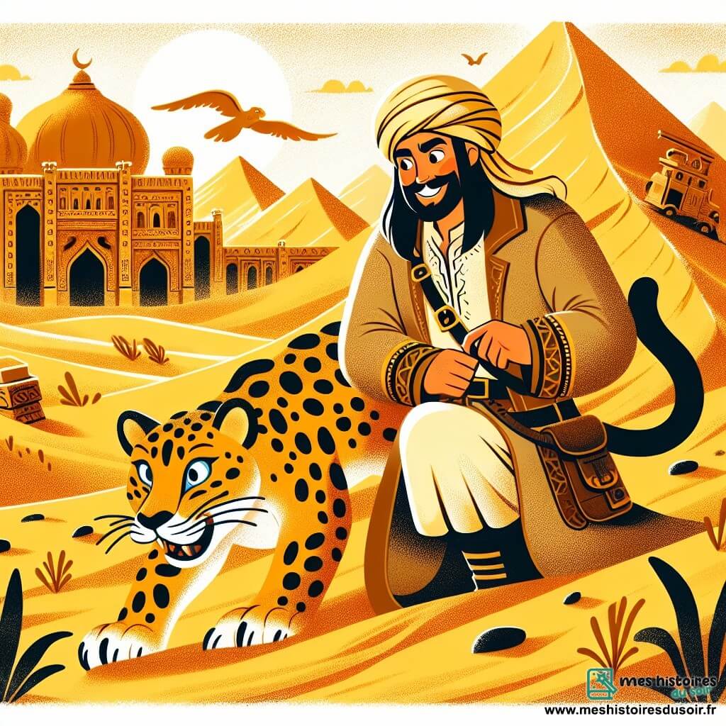 Une illustration destinée aux enfants représentant un explorateur courageux, un léopard des sables malicieux, dans un désert brûlant parsemé de dunes dorées et de ruines mystérieuses.