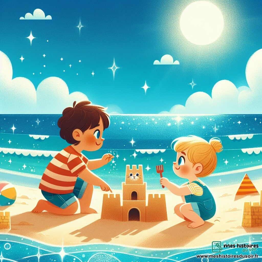 Une illustration destinée aux enfants représentant un petit garçon curieux en vacances d'été, explorant la plage avec son nouveau copain Léo, entourés de châteaux de sable et de vagues scintillantes sous un ciel bleu azur.