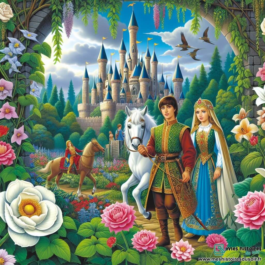 Une illustration destinée aux enfants représentant une princesse courageuse en quête d'une fleur enchantée, accompagnée d'un jeune prince, dans un château majestueux entouré de jardins luxuriants aux fleurs magnifiques et rares.