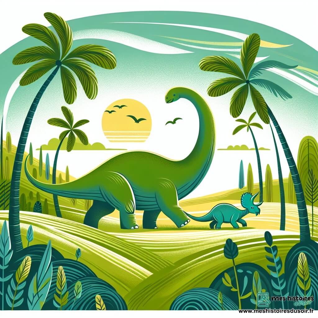 Une illustration destinée aux enfants représentant un gentil diplodocus partant à l'aventure avec un bébé tricératops égaré dans une vaste forêt verdoyante aux palmiers balançant doucement au gré du vent.