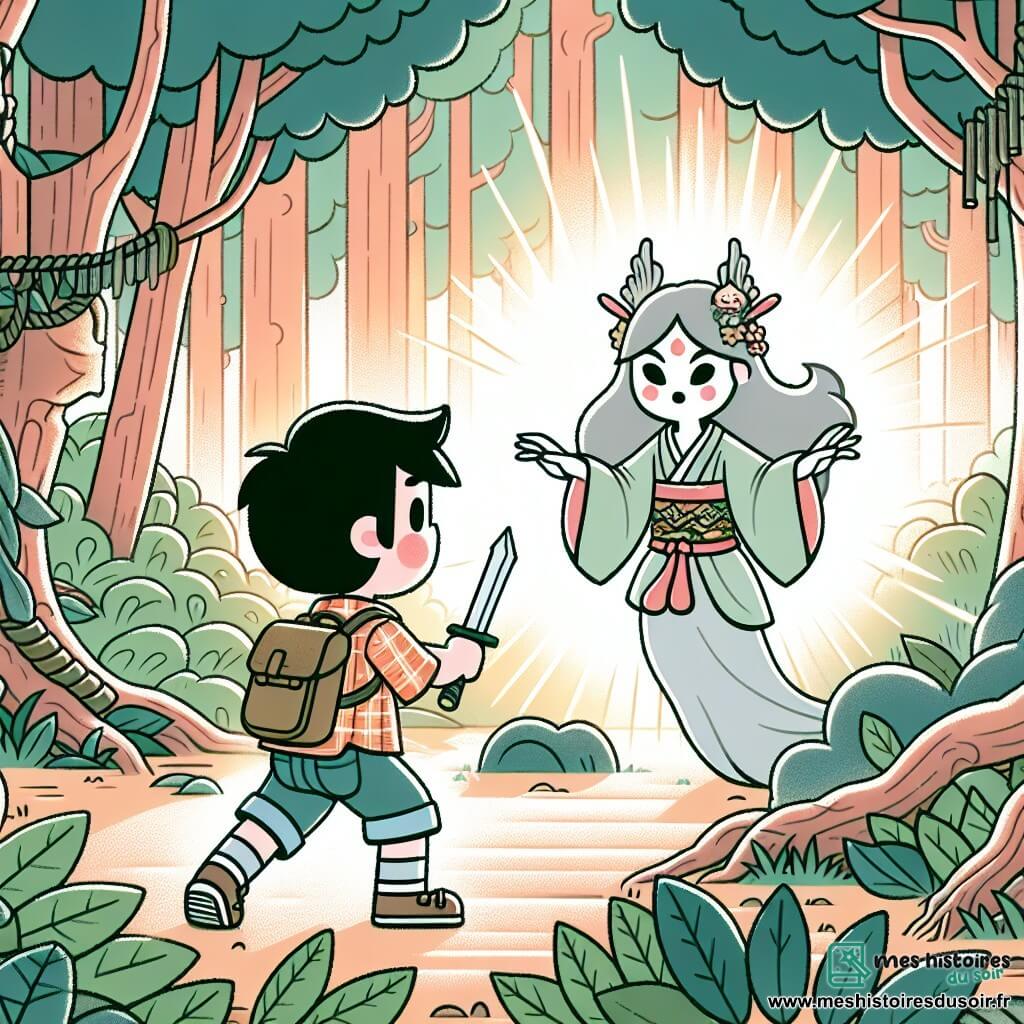 Une illustration destinée aux enfants représentant un voyageur intrépide (garçon) découvrant un esprit métamorphe (fille) dans une forêt enchantée du Japon, baignée par la lumière douce du soleil filtrant à travers les feuilles des arbres.