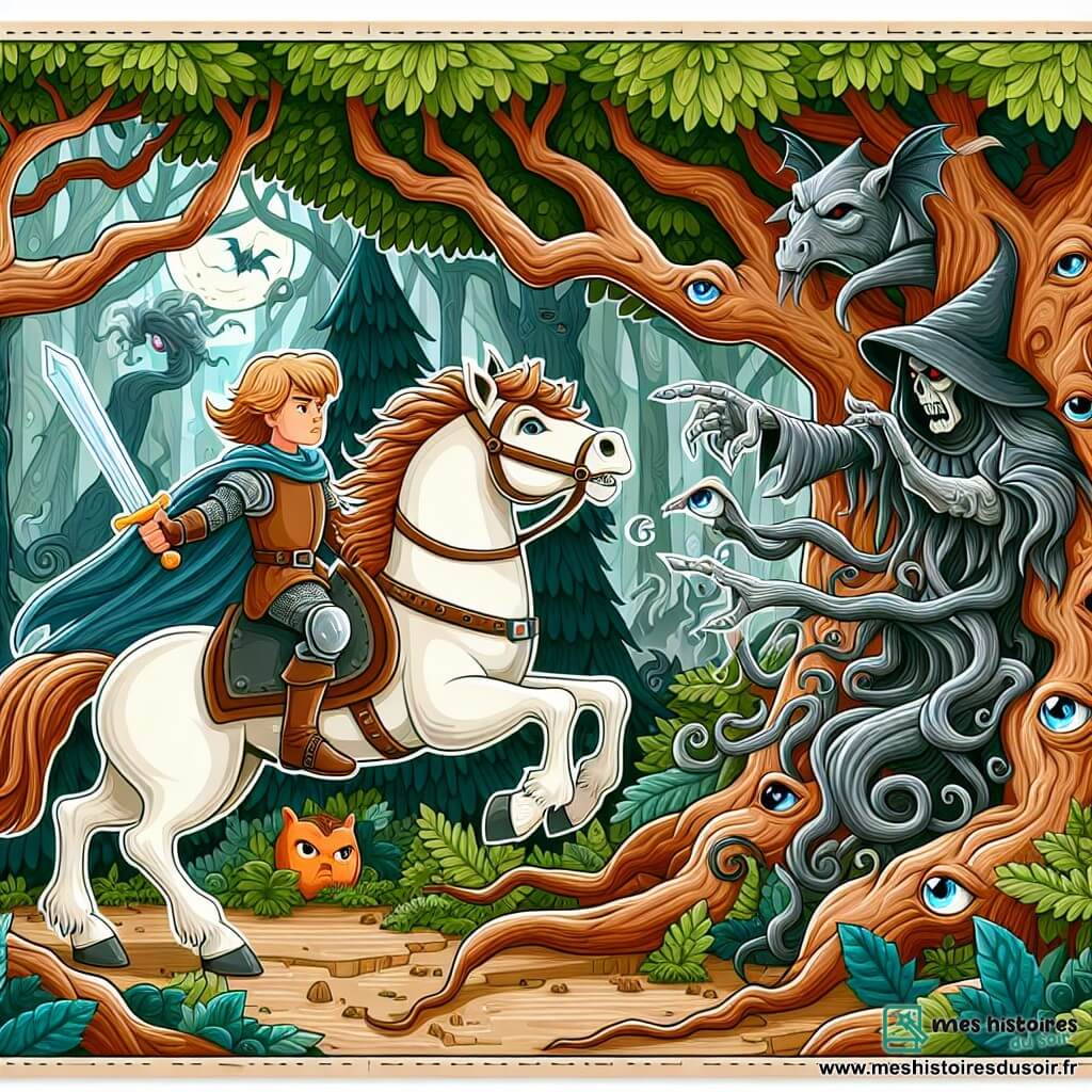 Une illustration destinée aux enfants représentant un jeune chevalier courageux affrontant un sorcier maléfique dans une forêt enchantée, accompagné de son fidèle destrier, un étalon blanc majestueux, où les arbres tordus murmurent des avertissements et des yeux brillants observent depuis les ténèbres.