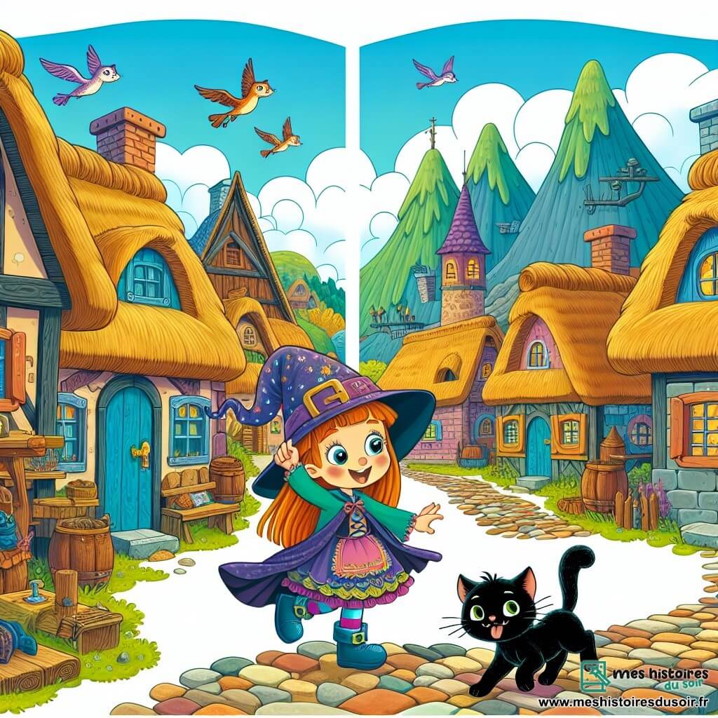Une illustration destinée aux enfants représentant une jeune apprentie sorcière espiègle, un chat noir farceur, dans un petit village entouré de grandes montagnes aux toits de chaume et aux ruelles pavées, où la magie opère avec humour et enchantement.