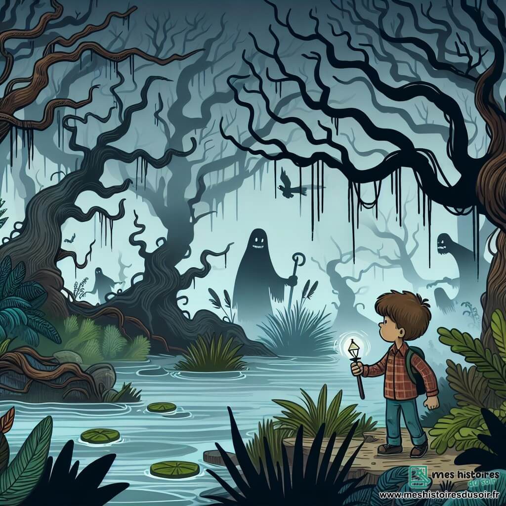Une illustration destinée aux enfants représentant un jeune garçon courageux explorant des marais lugubres hantés par des esprits malveillants, accompagné d'une ombre mystérieuse, dans une forêt sombre et brumeuse aux arbres tordus et aux eaux sombres.