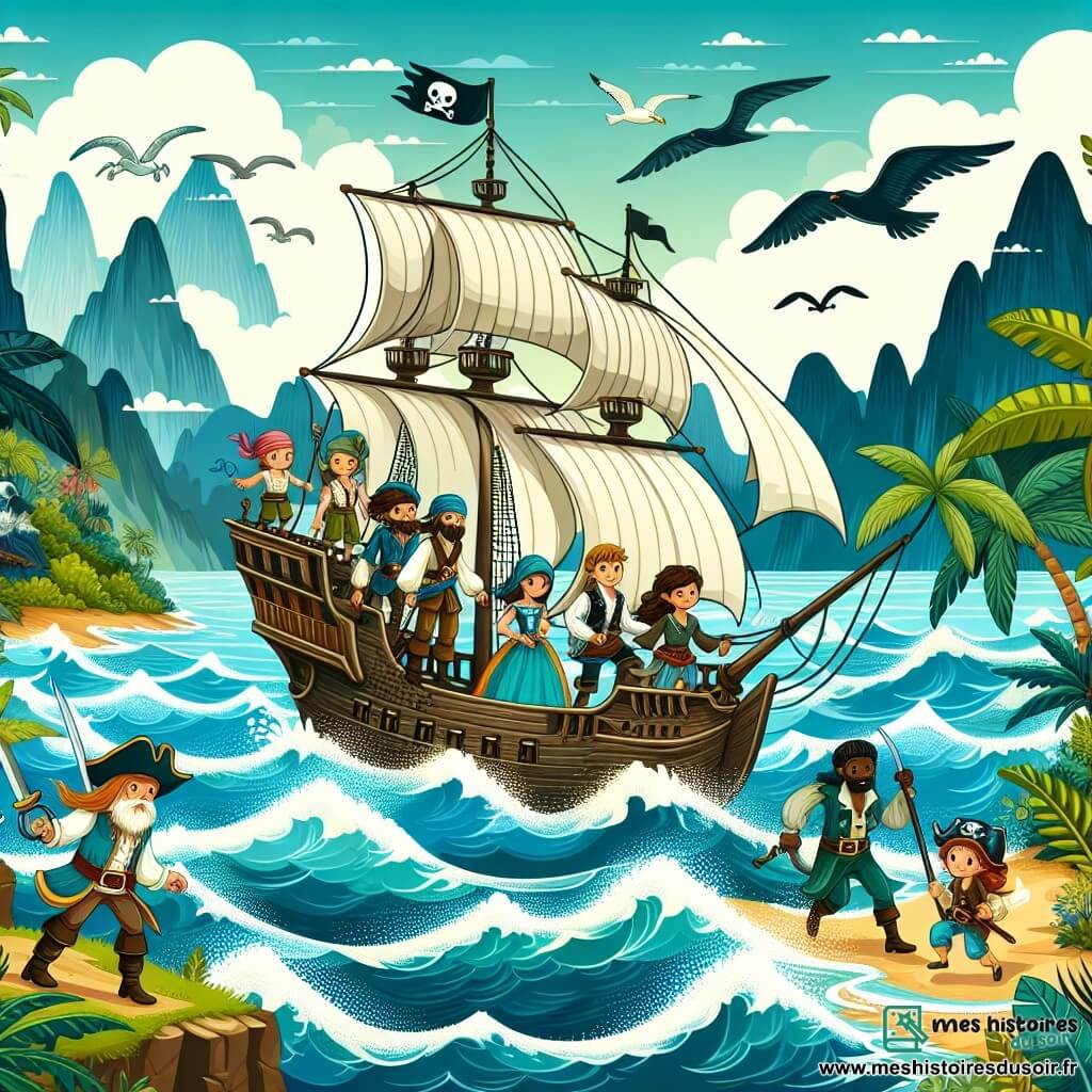 Une illustration destinée aux enfants représentant une courageuse pirate femme en quête d'un trésor légendaire, accompagnée de son équipage mixte sur un navire majestueux naviguant sur des mers tumultueuses bordées d'îles mystérieuses et de jungles luxuriantes.