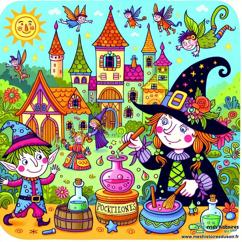 Une illustration destinée aux enfants représentant une sorcière farfelue concoctant des potions loufoques avec l'aide d'un lutin espiègle dans un village enchanté nommé Fleurdelune, où tout est magique et coloré.