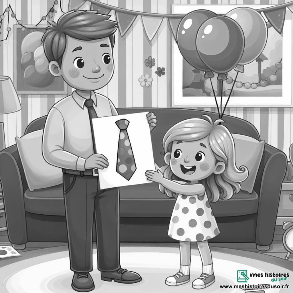 Une illustration destinée aux enfants représentant une petite fille joyeuse offrant un dessin et une cravate à pois multicolores à son papa, dans un salon lumineux décoré de ballons et de guirlandes pour la Fête des Pères.