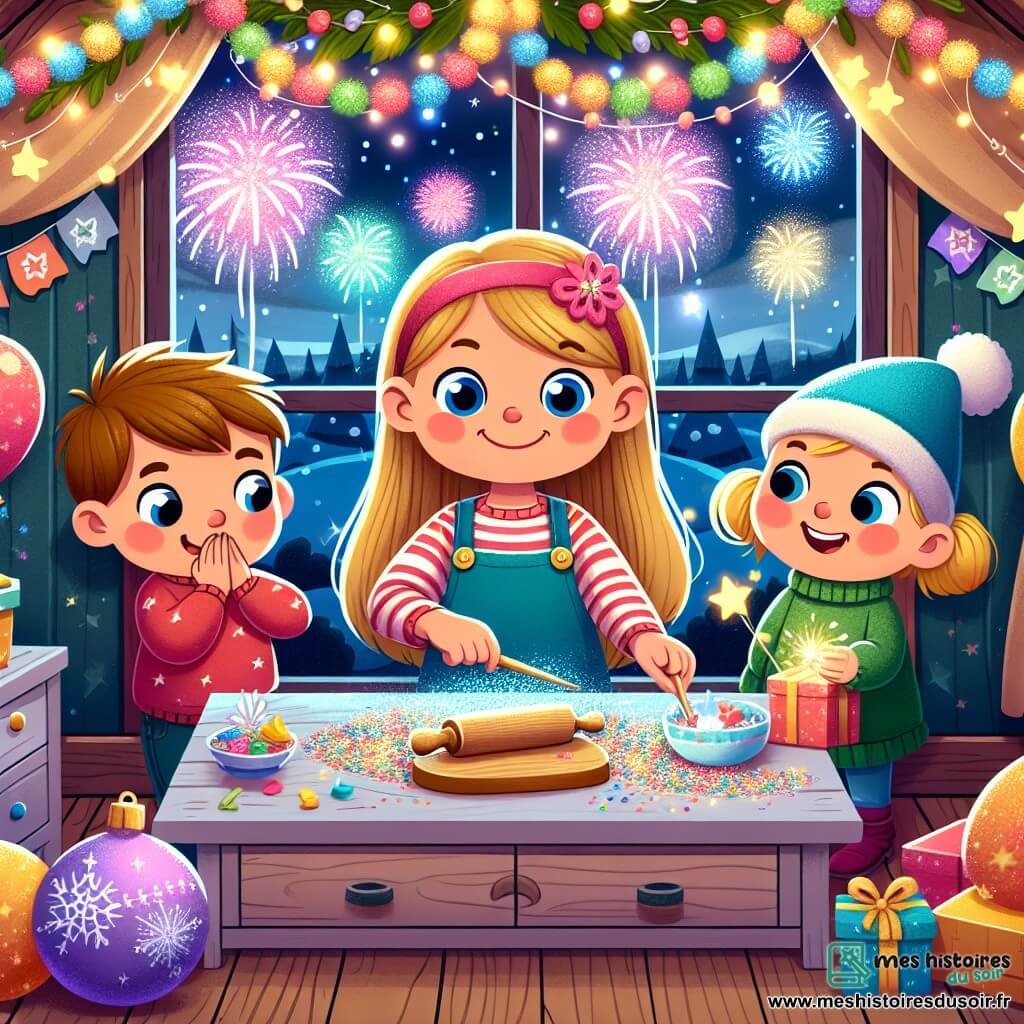 Une illustration destinée aux enfants représentant une fillette pleine de vie préparant une fête secrète de nouvel an avec ses amis, un garçon farceur et une fille curieuse, dans une cabane magiquement décorée de guirlandes scintillantes et de ballons colorés, illuminée par des feux d'artifice éclatants.