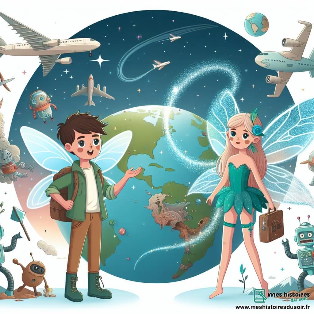 Une illustration destinée aux enfants représentant un jeune garçon aventurier, accompagné d'une Fée Nature féminine aux ailes scintillantes, évoluant dans un monde futuriste aux avions volant dans le ciel, aux robots amicaux et à la Terre fragile et malade.