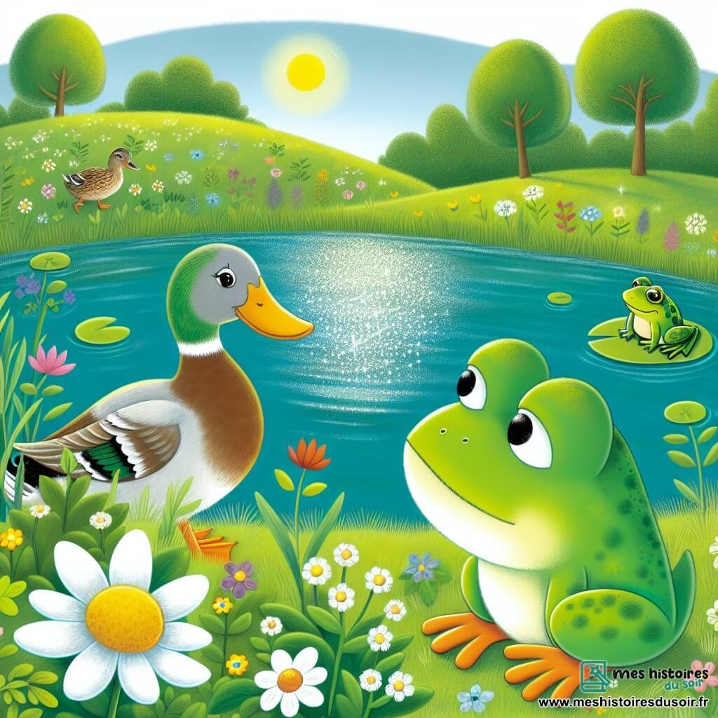 Une illustration destinée aux enfants représentant un canard curieux, une grenouille triste, et une prairie verdoyante avec un étang scintillant.