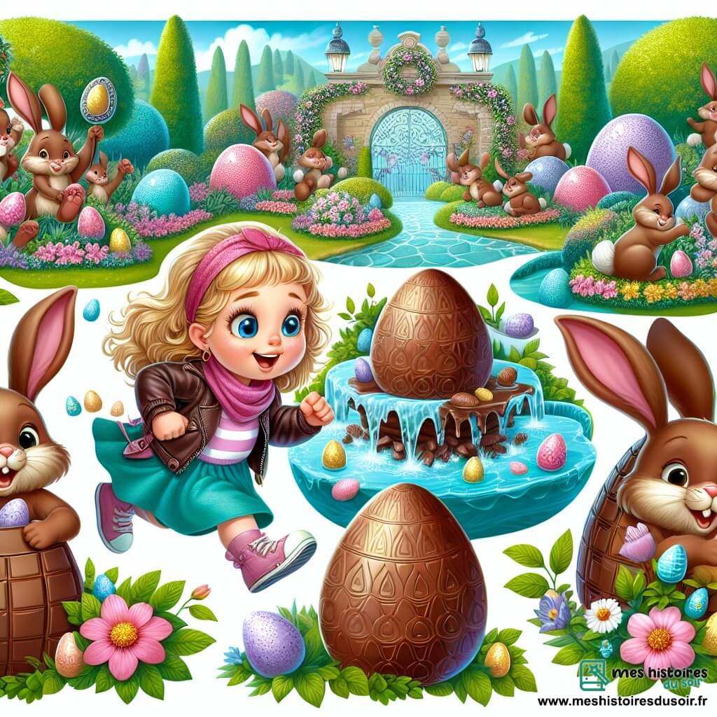 Une illustration destinée aux enfants représentant une fillette espiègle en quête d'œufs en chocolat, suivant un lapin facétieux à travers un parc enchanté orné de lapins en chocolat géants, de fleurs parfumées et de fontaines en forme d'œufs géants.