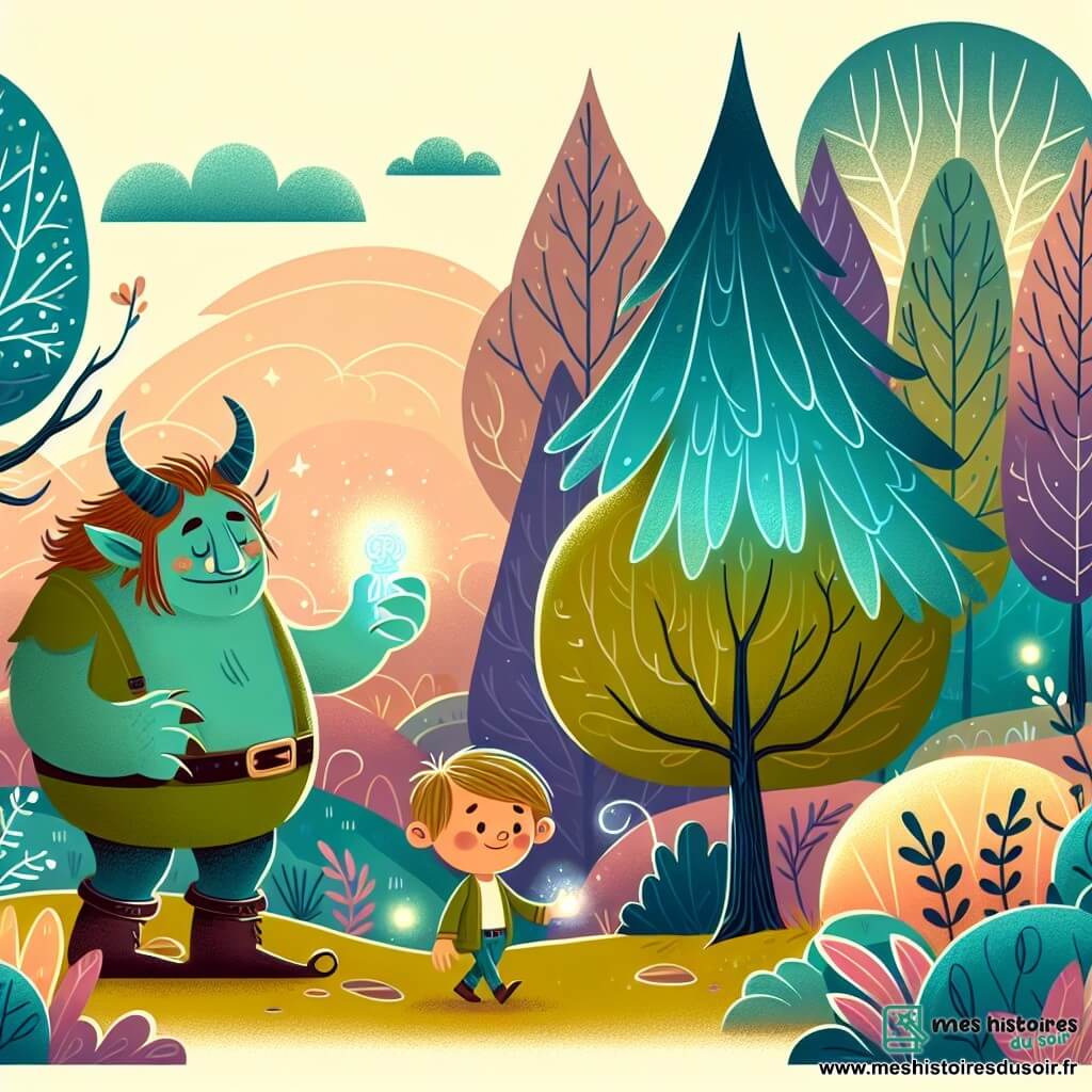 Une illustration destinée aux enfants représentant un ogre gentil et bienveillant, un petit garçon curieux, une forêt enchantée aux arbres aux feuilles lumineuses et aux couleurs éclatantes, où se déroule une aventure magique.