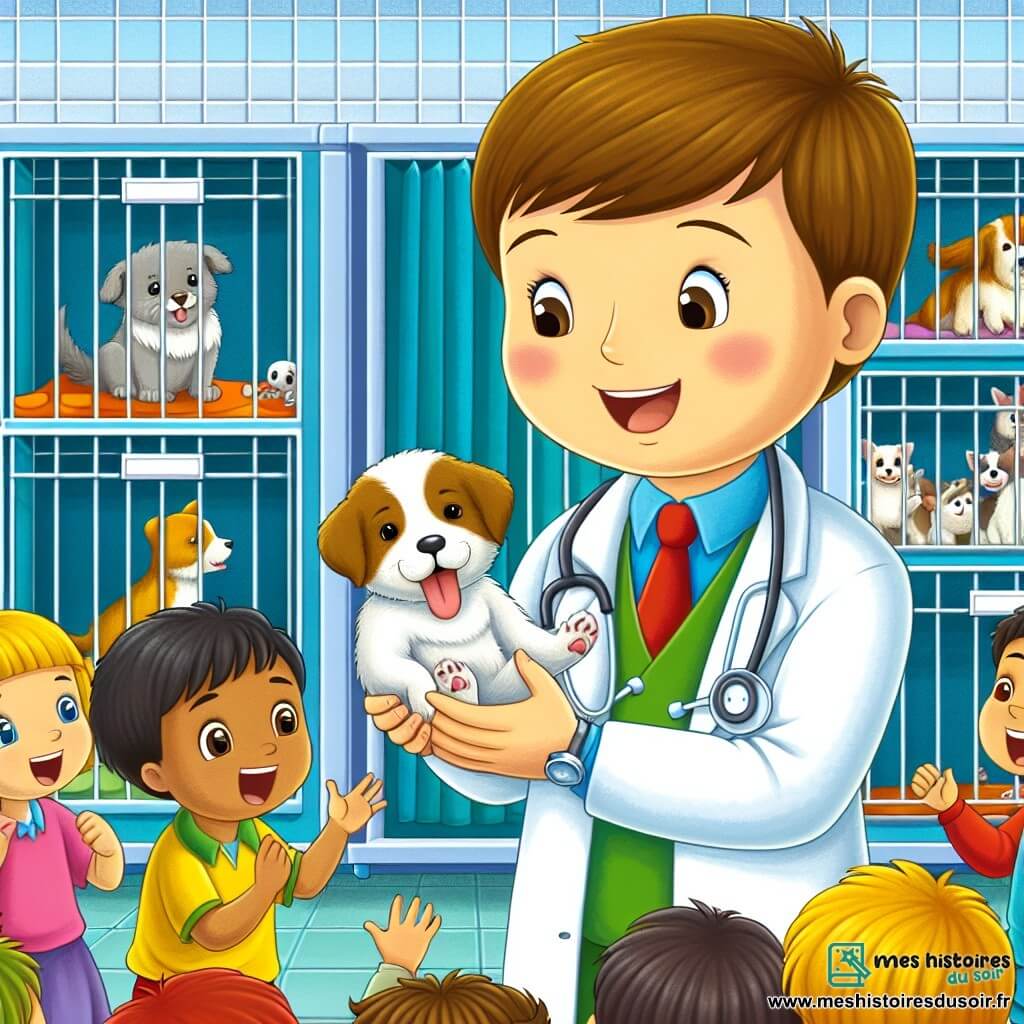 Une illustration destinée aux enfants représentant une jeune femme vétérinaire passionnée prenant soin d'un petit chiot blessé, entourée d'enfants émerveillés, dans une clinique colorée remplie de cages avec des animaux jouant joyeusement.