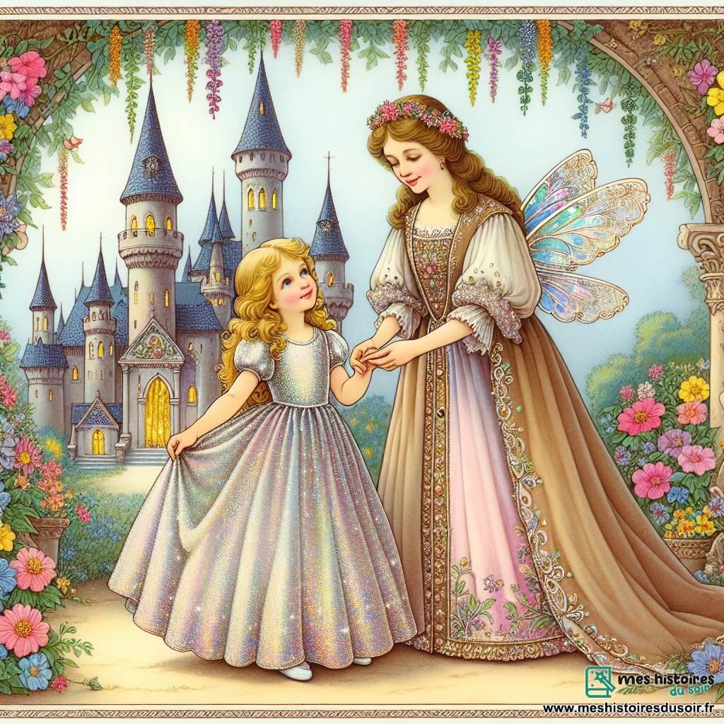 Une illustration destinée aux enfants représentant une jeune fille au doux visage, vêtue d'une robe scintillante, aidée par une marraine fée bienveillante, dans un château enchanté aux tours ornées de guirlandes de fleurs multicolores.