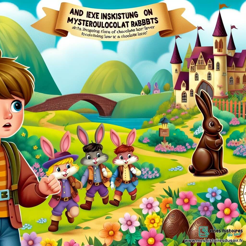 Une illustration destinée aux enfants représentant un jeune garçon curieux et aventurier menant l'enquête sur des lapins en chocolat mystérieux, accompagné de ses amis, dans le village enchanteur de Fleur de Pâques, avec des champs de fleurs colorées et un château en chocolat.