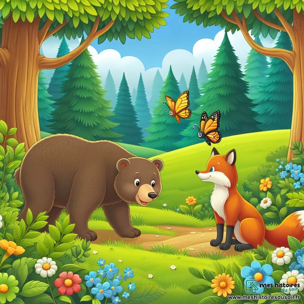 Une illustration destinée aux enfants représentant une ourse curieuse, une rencontre avec un papillon doré et un renard rusé, dans une forêt verdoyante aux arbres majestueux et aux clairières fleuries.