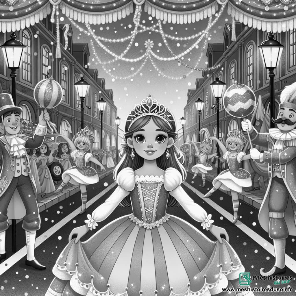 Une illustration destinée aux enfants représentant une petite fille déguisée en princesse, participant à une parade colorée avec des jongleurs et des acrobates, dans une rue principale décorée de guirlandes et de confettis scintillants lors du grand carnaval de la ville.