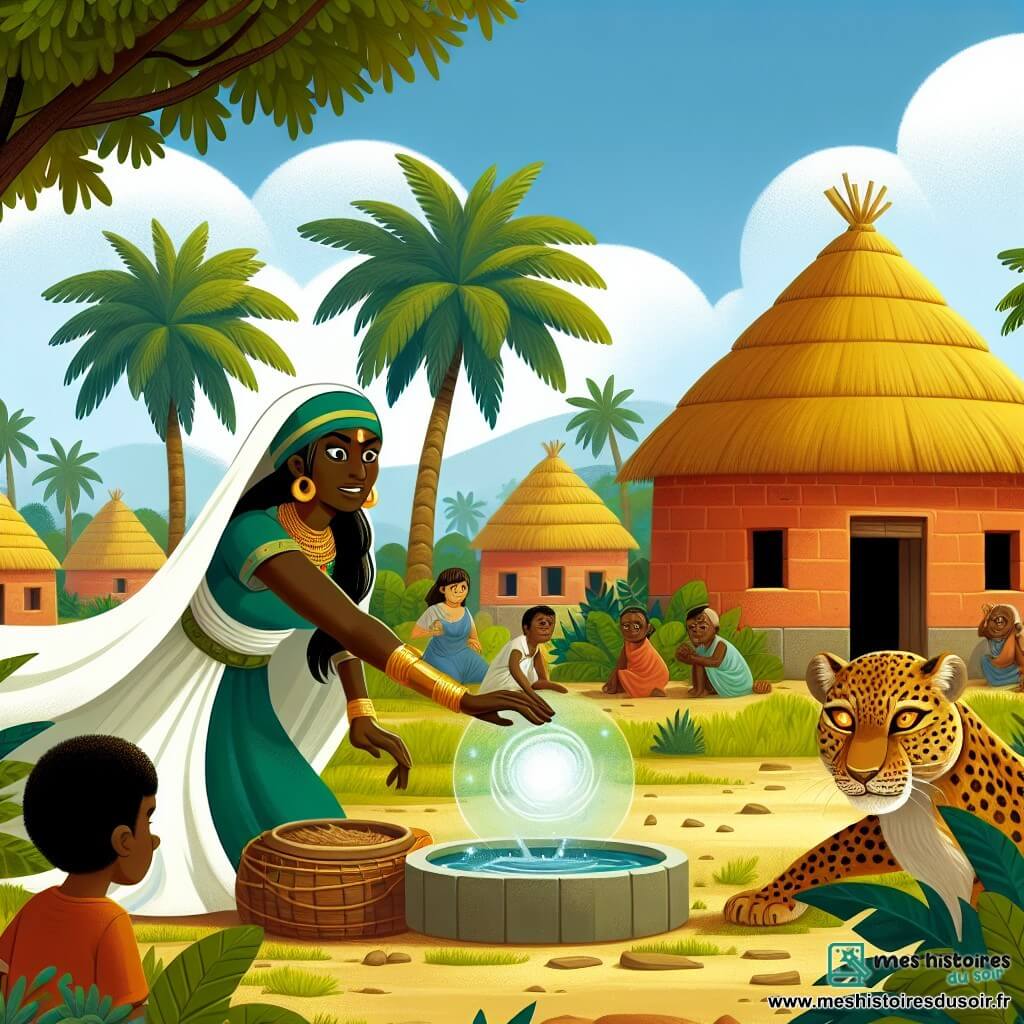 Une illustration destinée aux enfants représentant une femme courageuse et sage, une maladie mystérieuse frappant un village africain entouré de huttes en terre cuite, de champs verdoyants et de palmiers majestueux, avec un léopard aux yeux d'ambre comme personnage secondaire.