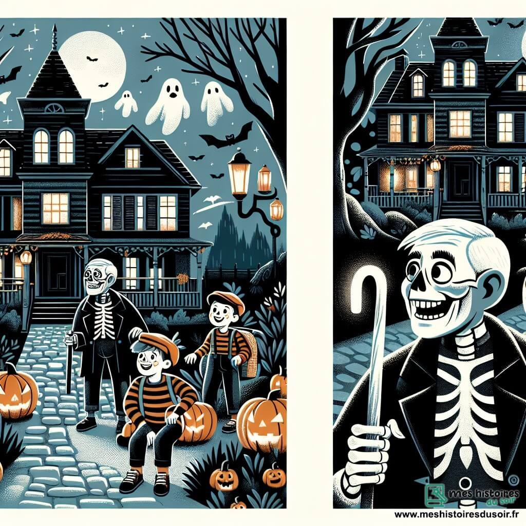 Une illustration destinée aux enfants représentant un petit garçon costumé en squelette, explorant une vieille maison hantée avec ses amis, accompagné d'un vieux monsieur au regard bienveillant, dans une rue sombre de Châtaigneville décorée de lanternes citrouilles et de fantômes.