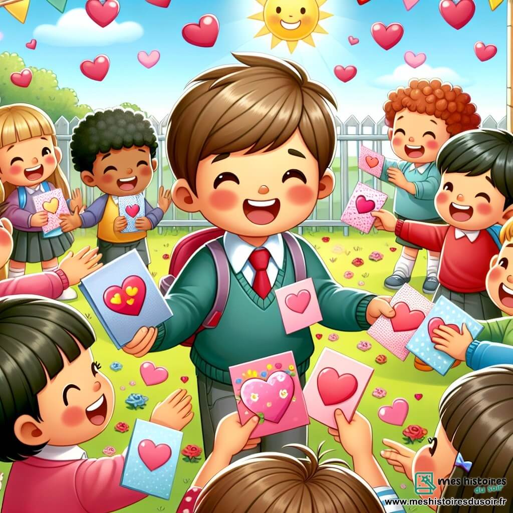 Une illustration destinée aux enfants représentant un petit garçon plein d'énergie le jour de la Saint-Valentin, distribuant des cartes colorées à ses amis à l'école, entouré de camarades enthousiastes, dans une cour de récréation ensoleillée ornée de cœurs et de fleurs.